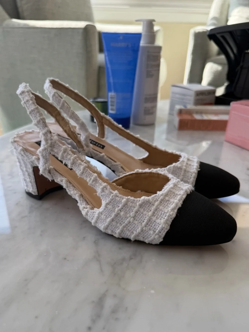 Women's Two-Tone Tweed Slingback Kitten wedge heels in Black & White - Picture 7 of 8